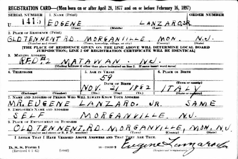 Ciro Eugene Lanzaro World War II Draft Registration