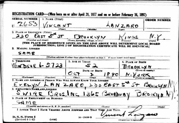 Vincent (Jim) Lanzaro Military Record
