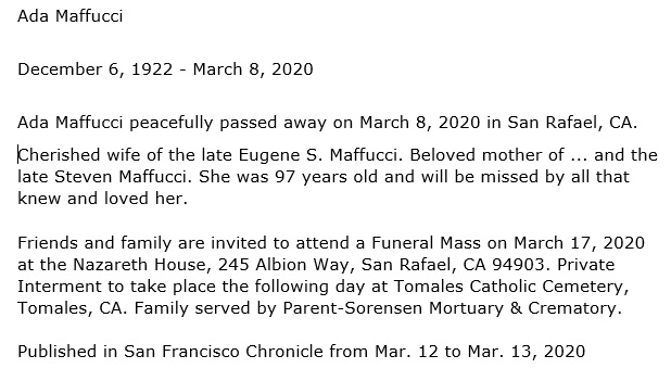 Ada Ferrera Maffucci Obituary