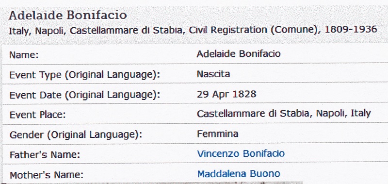 Adelaide Bonifacio Birth Record