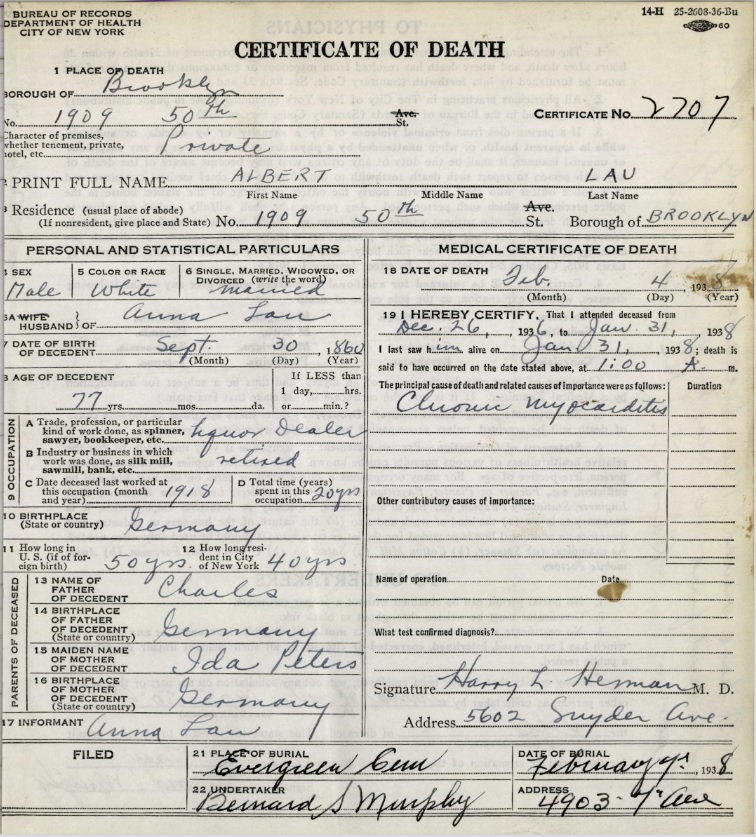 Albert Lau Death Certificate