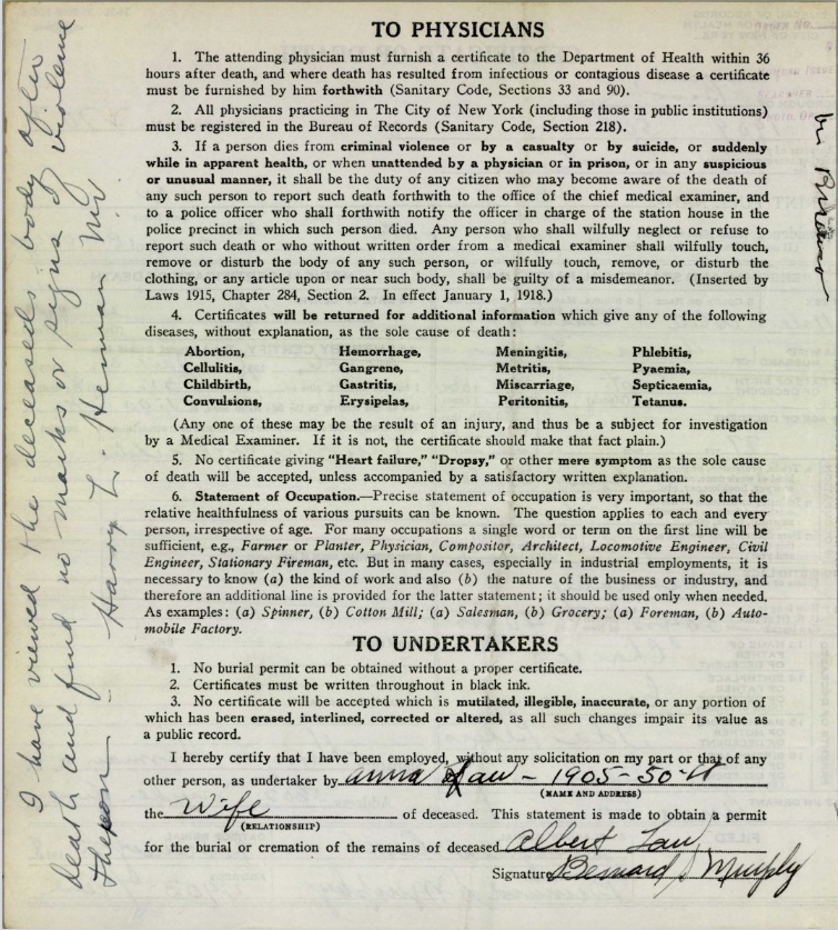 Albert Lau Death Certificate