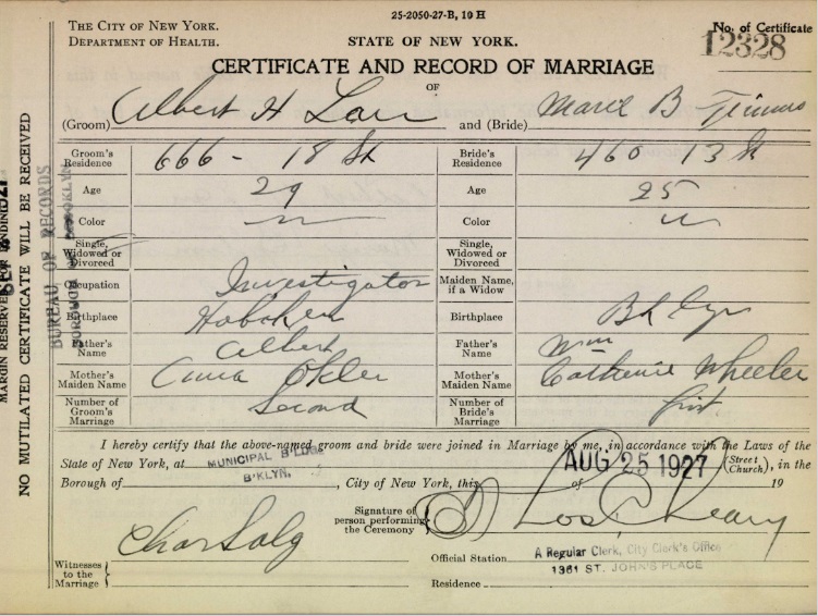 Albert H. Lau and Marie B. Timms Marriage Certificate