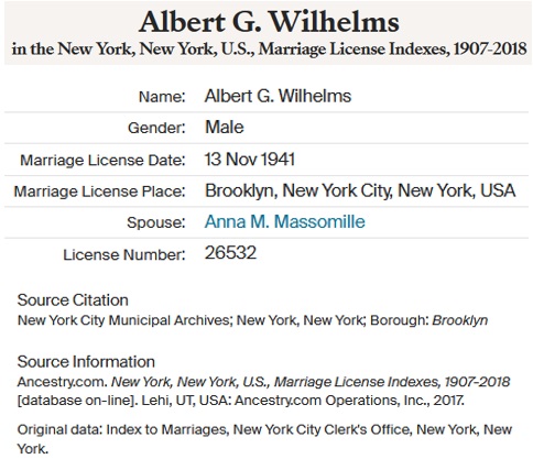 Albert G. Wilhelms Marriage Record