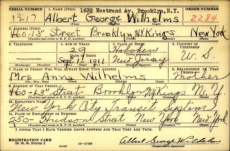 Albert G. Wilhelms WW2 Draft Registration