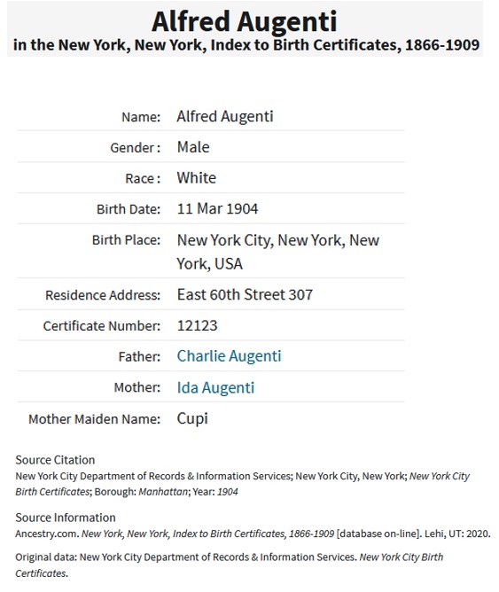 Alfred Augenti Birth Index