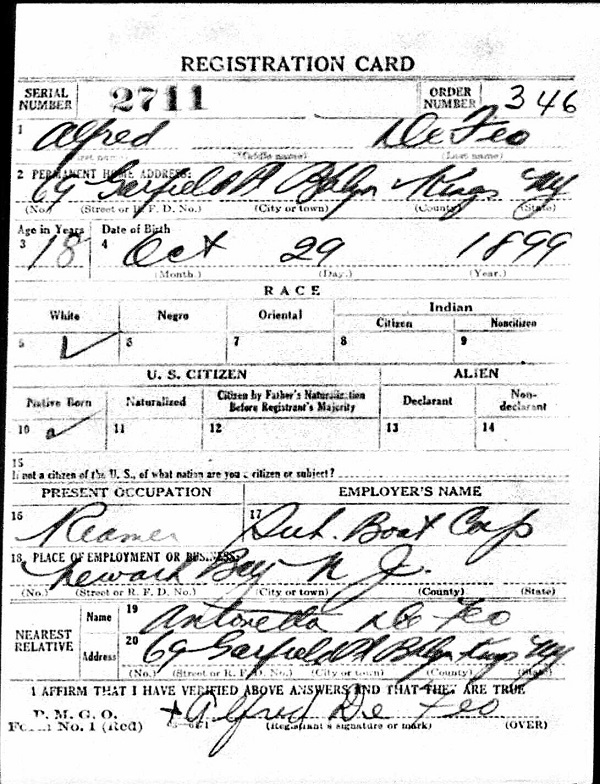 Alfred De Feo WW1 Draft Registration