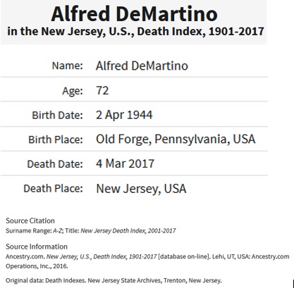 Alfred DeMartino Death Index