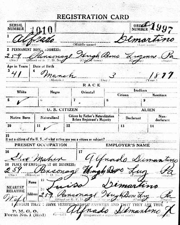 Alfred DeMartino World War II Draft Registration