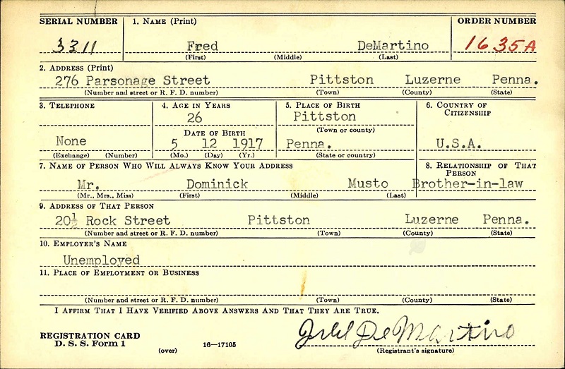 Alfred DeMartino WW2 Draft Registration