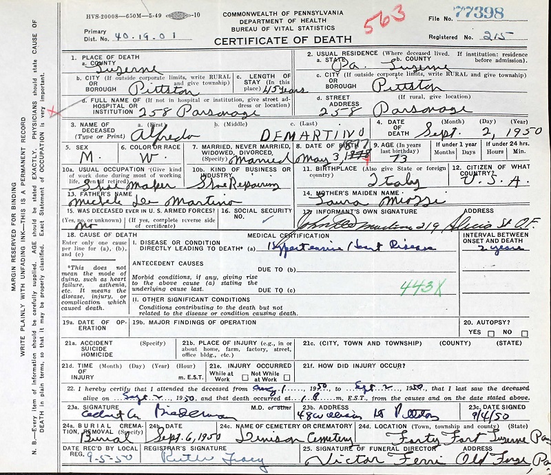 Alfred DeMartino Death Certificate