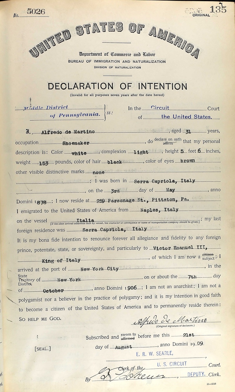 Alfred DeMartino Immigration Record