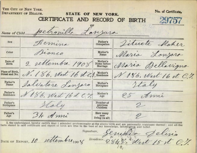 Alma Lanzaro Birth Certificate