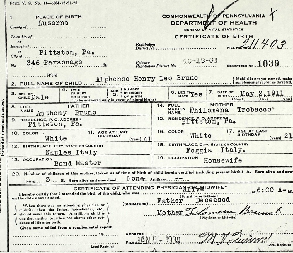 Alphonse Bruno Birth Certificate