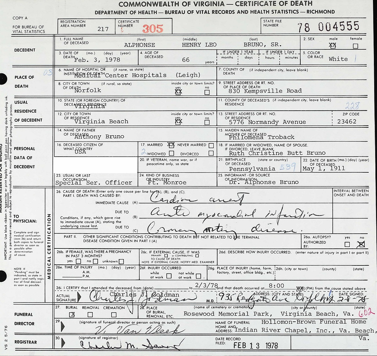 Alphonse Bruno Death Certificate