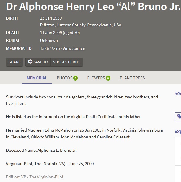 Alphonso Bruno Jr. Death Record