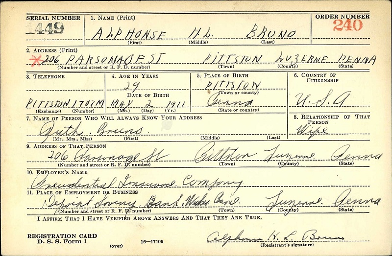 Alphonse Bruno World War II Draft Registration