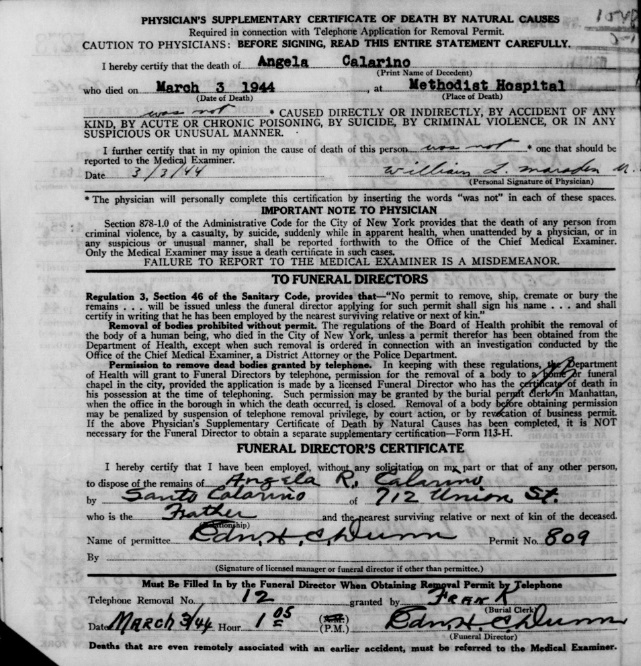 Angela R. Calarino Death Certificate
