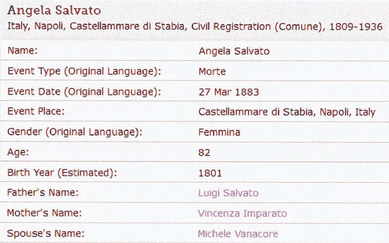 Angela Salvato Vanacore Death Record