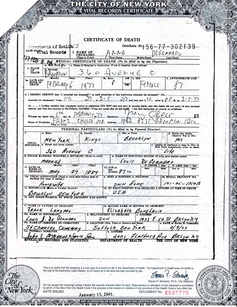 Anna Lanzaro DeGennaro Death Certificate