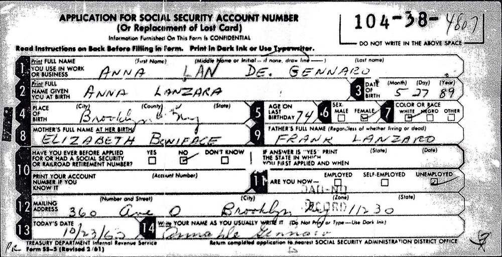 Anna Lanzaro DeGennaro Application for U.S. Social Security Card