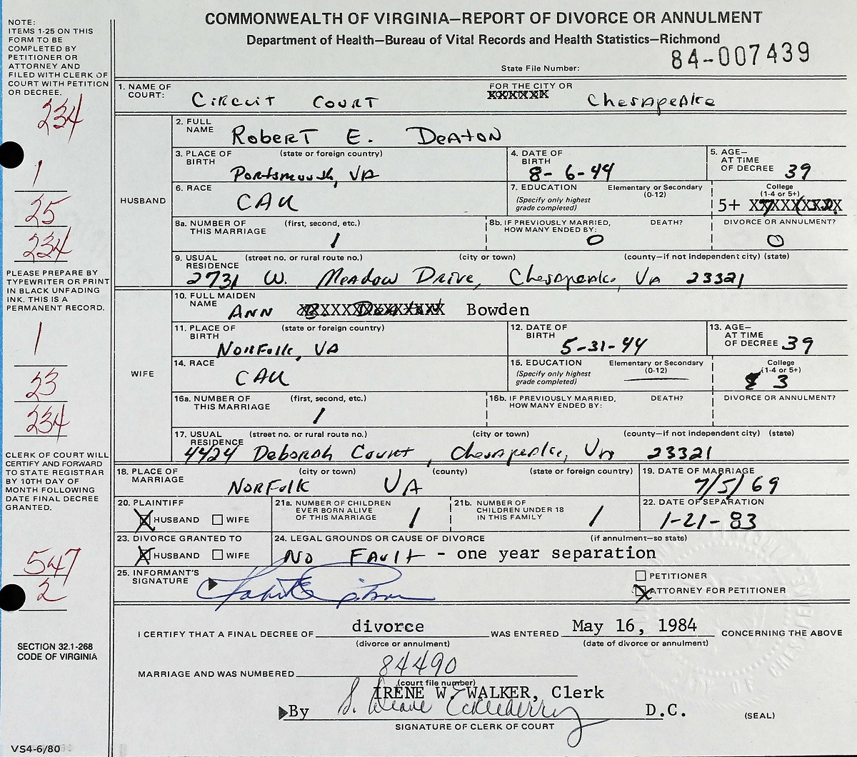 Ann Christine Bruno and Robert Edward Deaton Divorce Certificate