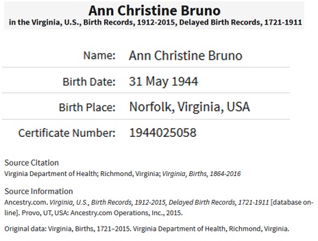 Ann Christine Bruno Birth Index