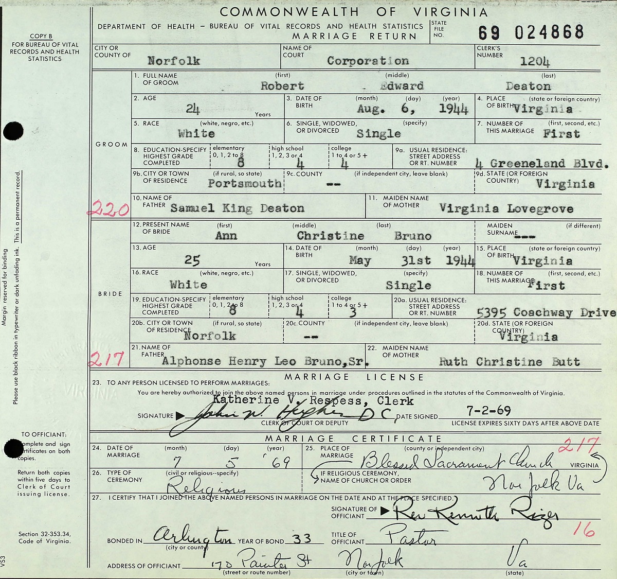 Ann Christine Bruno and Robert Edward Deaton Marriage Certificate