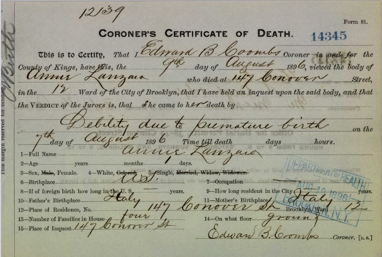 Annie Lanzaro Death Certificate
