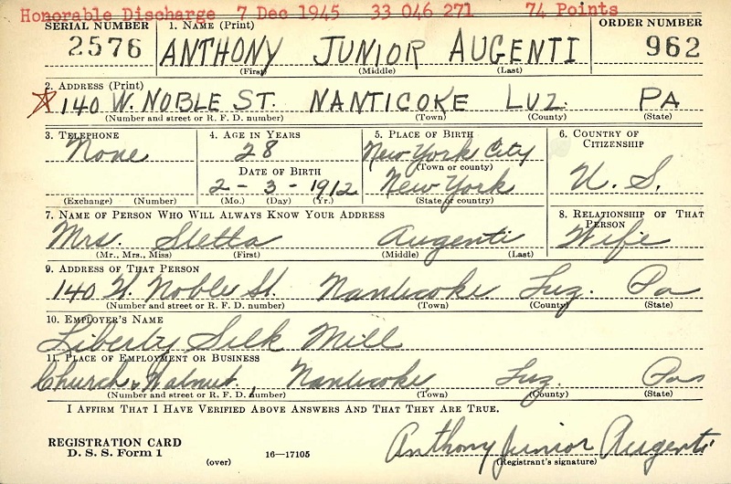 Anthony J. Augenti WW2 Draft Registration