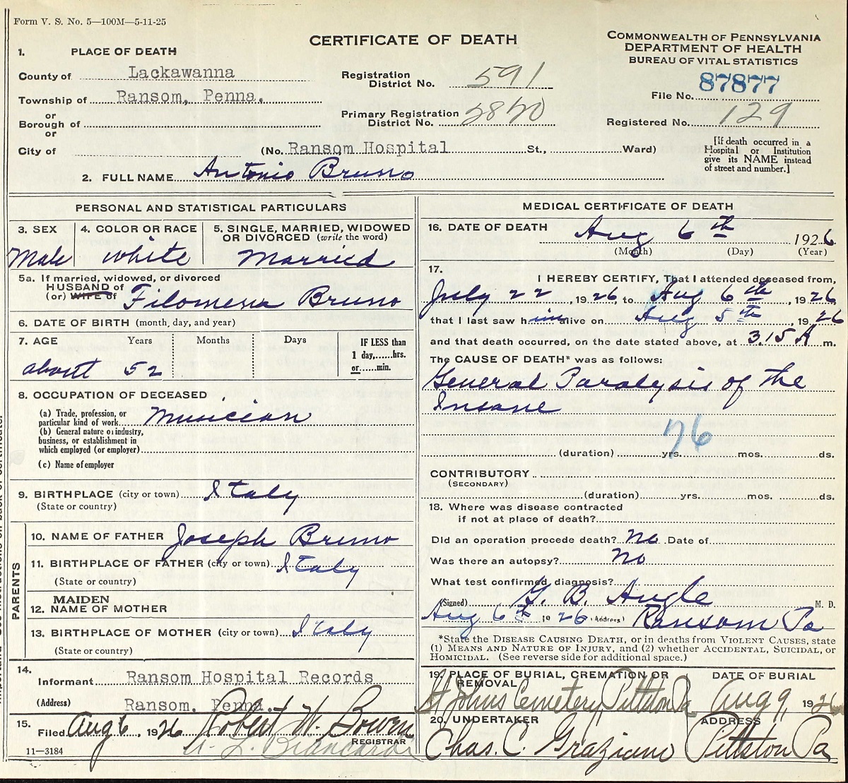 Anthony Bruno Death Certificate