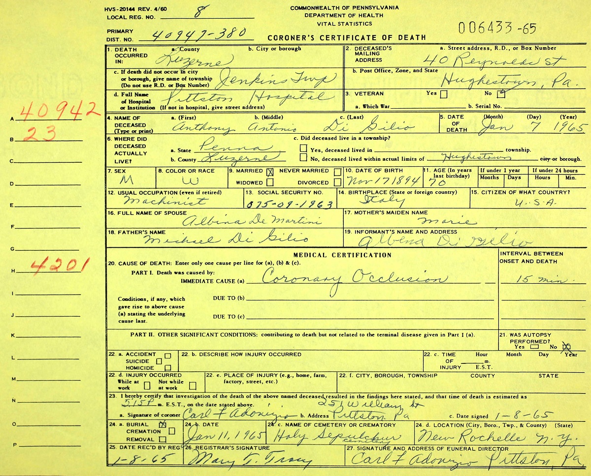 Anthony Digilio Death Certificate
