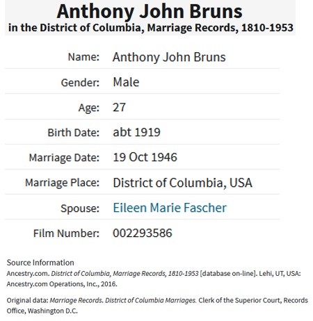 Anthony Bruno and Eileen Fascher Marriage Record