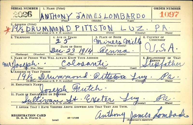 Anthony Lombardo WW2 Draft Registration