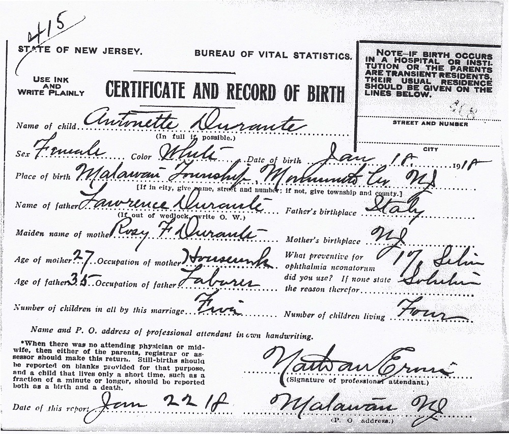 Antoinette Durante Birth Certificate