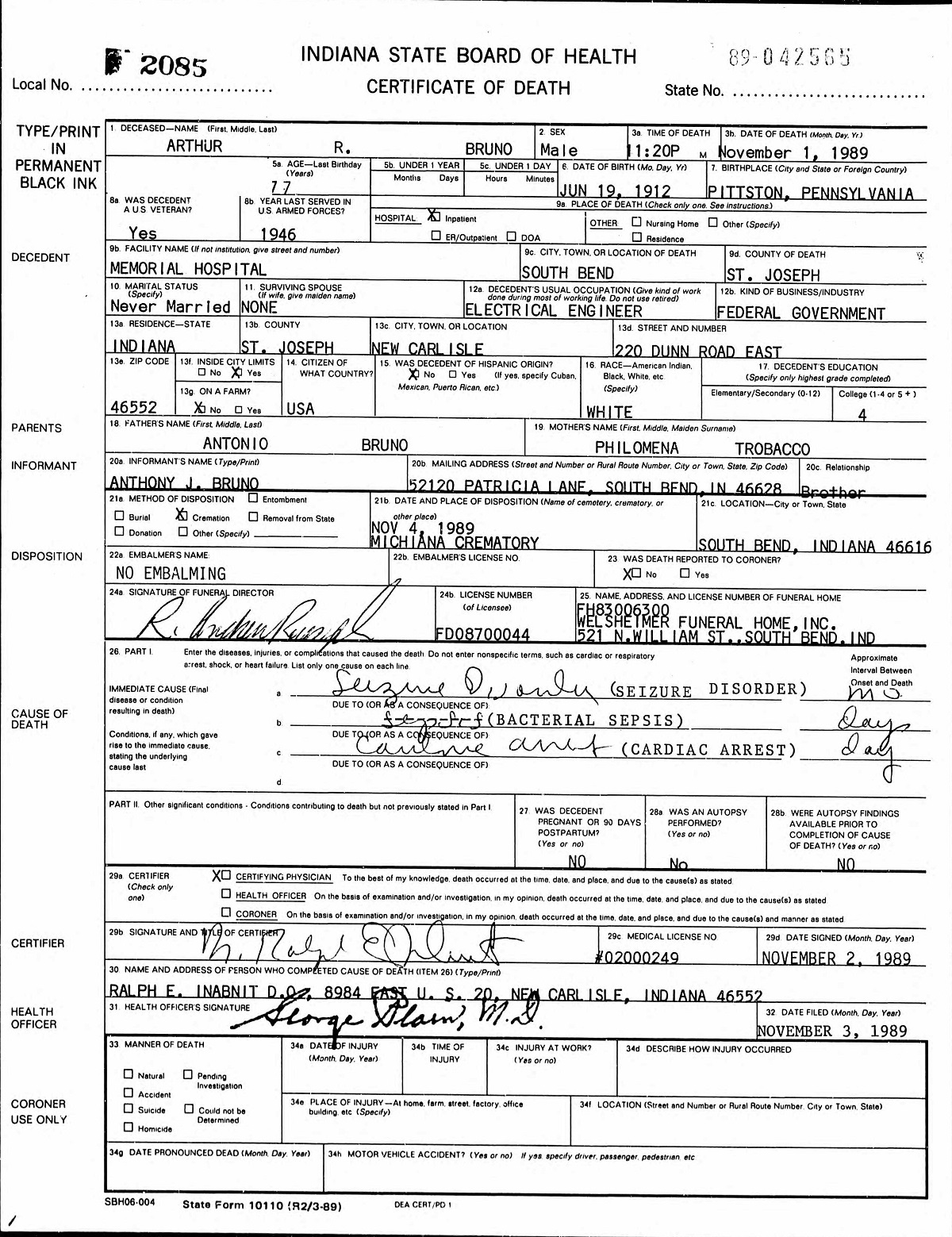 Arthur Bruno Death Certificate