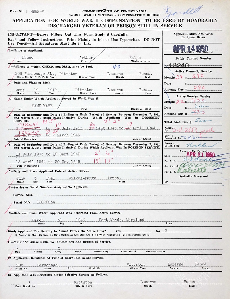 Arthur Bruno Military Service Record