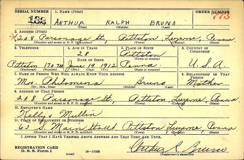 Arthur Bruno World War II Draft Registration