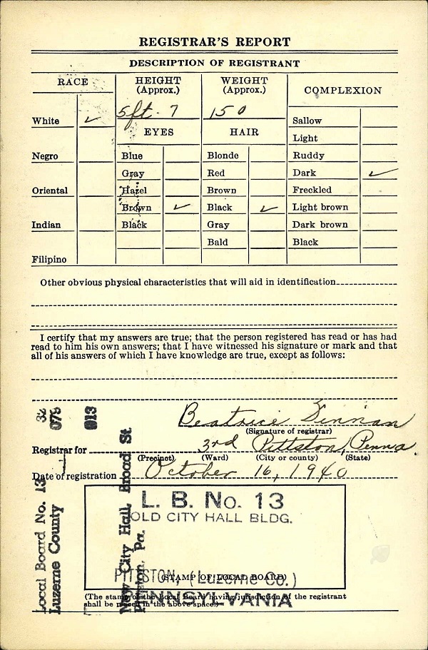 Arthur Bruno World War II Draft Registration