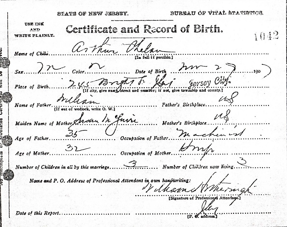 Arthur Phelan Birth Certificate