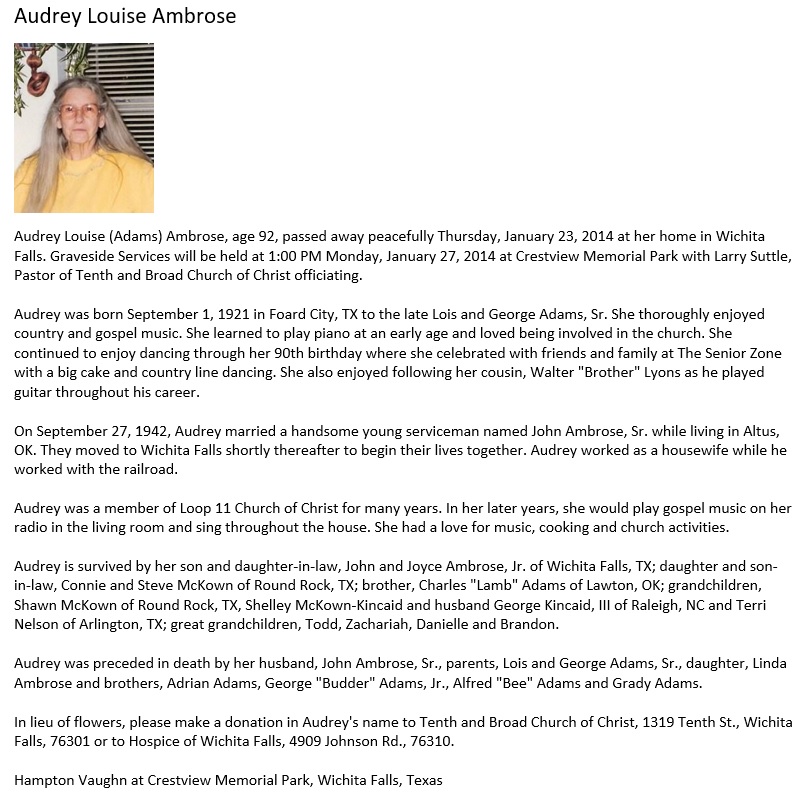 Audrey Adams Ambrose Obituary