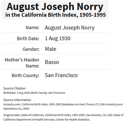 August Joseph Norry Birth Index