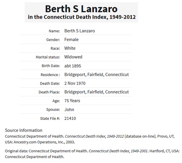 Bertha Farber Lanzaro Death Index