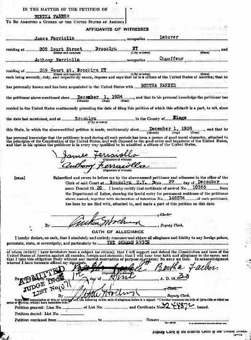 Bertha Farber Lanzaro Naturalization Record