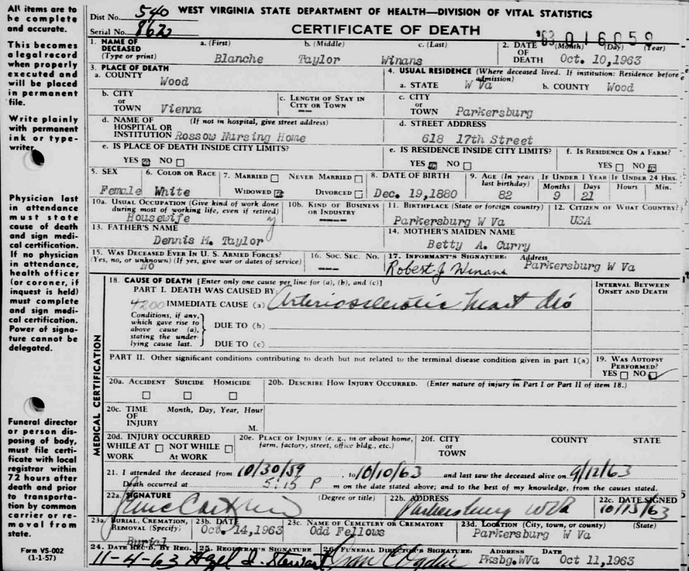 Blanche Taylor Winans Death Record