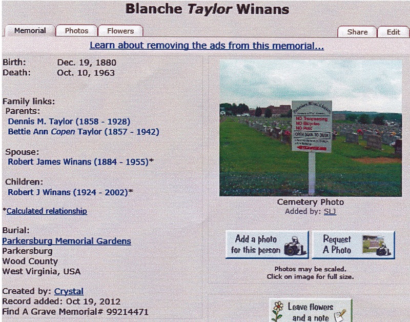 Blanche Taylor Winans Cemetery Record