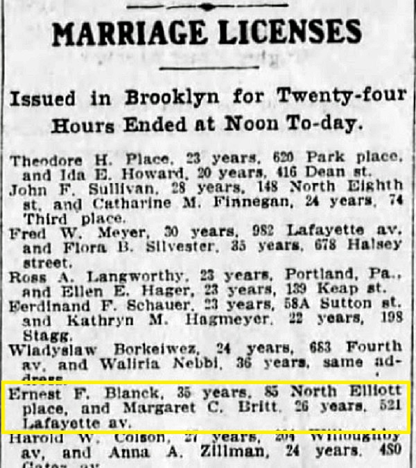 Ernest Blanck and Margaret Britt Marriage License Announcement