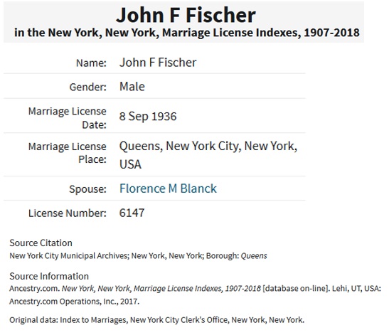 John F. Fischer and Florence M. Blanck Marriage Index