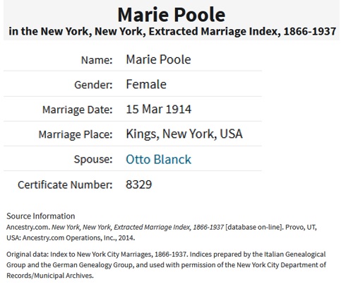Otto Blanck and Marie Poole Marriage Index