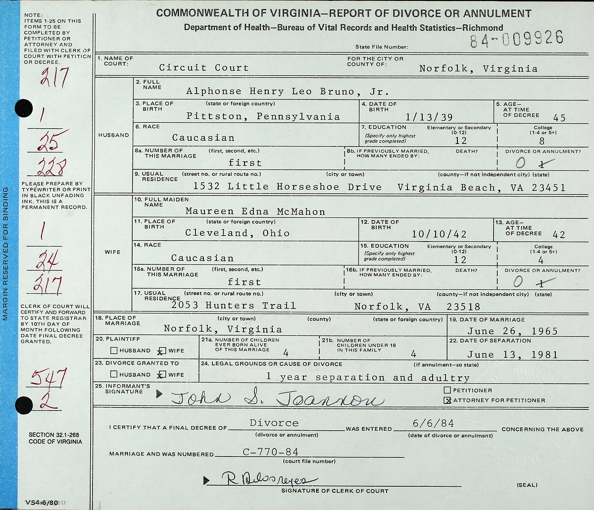 Alphonse Henry Leo Bruno Jr. and Maureen Edna McMahon Divorce Certificate